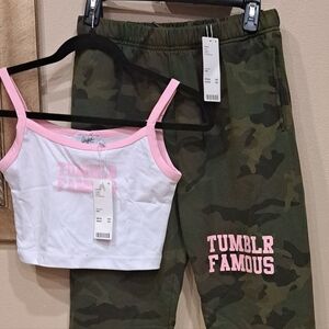 Mayfair Group UO Camo Joggers and Pink Trim Crop Top Set Size S/M NWT $108 &$68